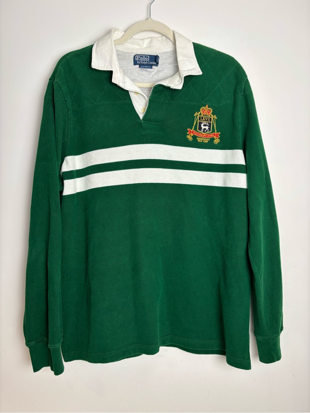 Polo Ralph Lauren Rugby Shirt Mens L Large Green White Striped Crest Custom Fit